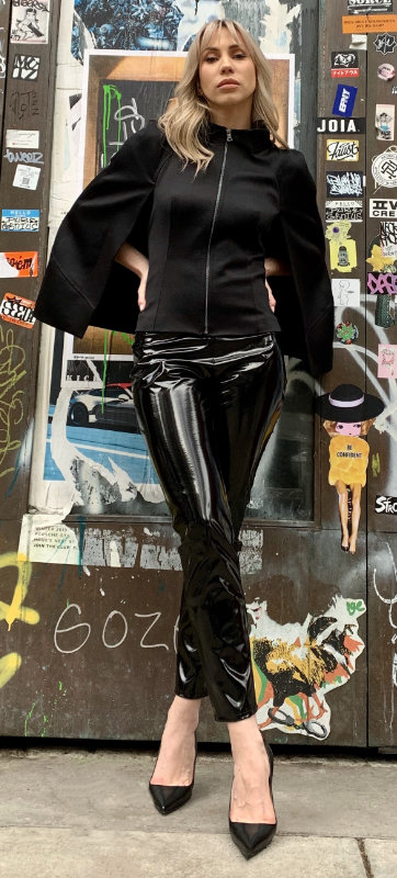 Zip-front cape jacket in black wool twill (Style No. 4001) Black PVC cigarette pants (Style No. 3001)